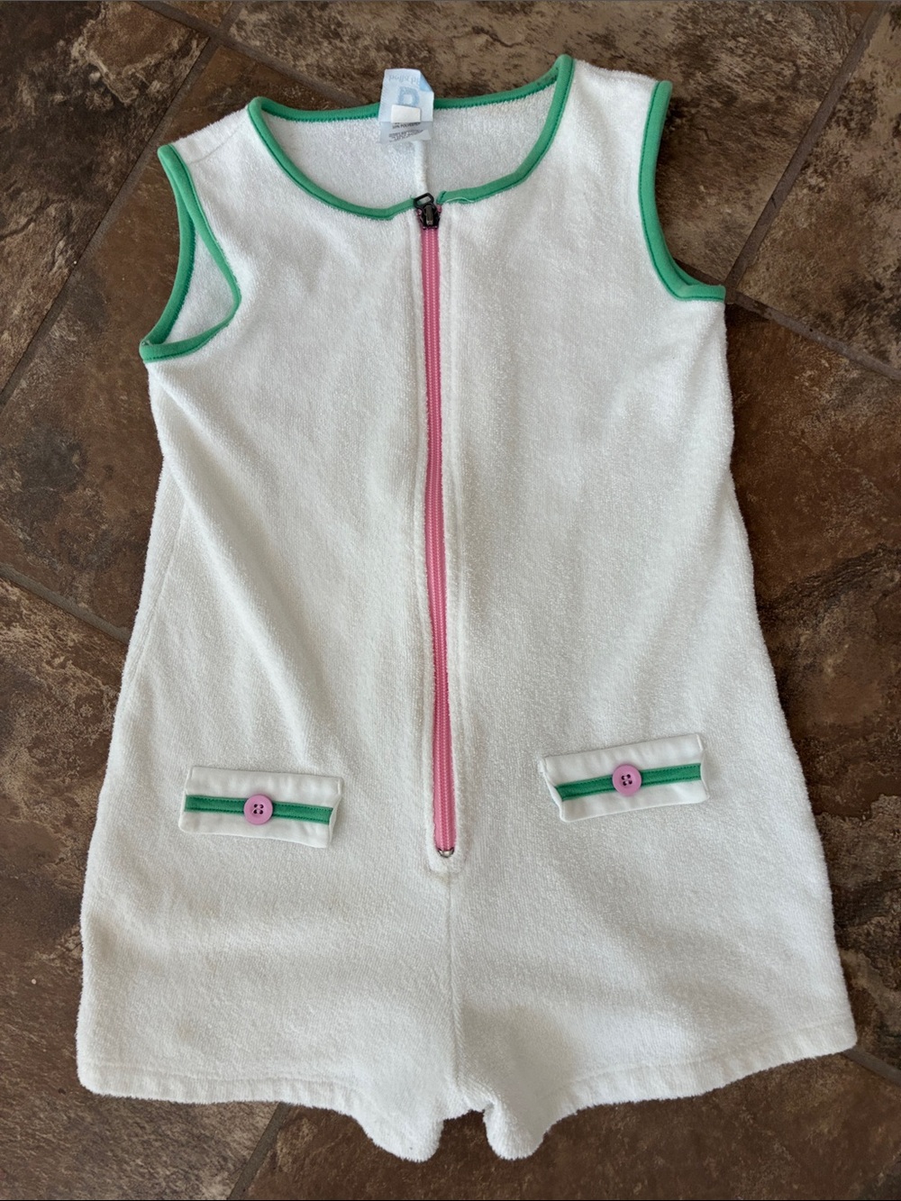bella bliss White Terry Swim Coverup Romper with Pink Zipper and Green Trim